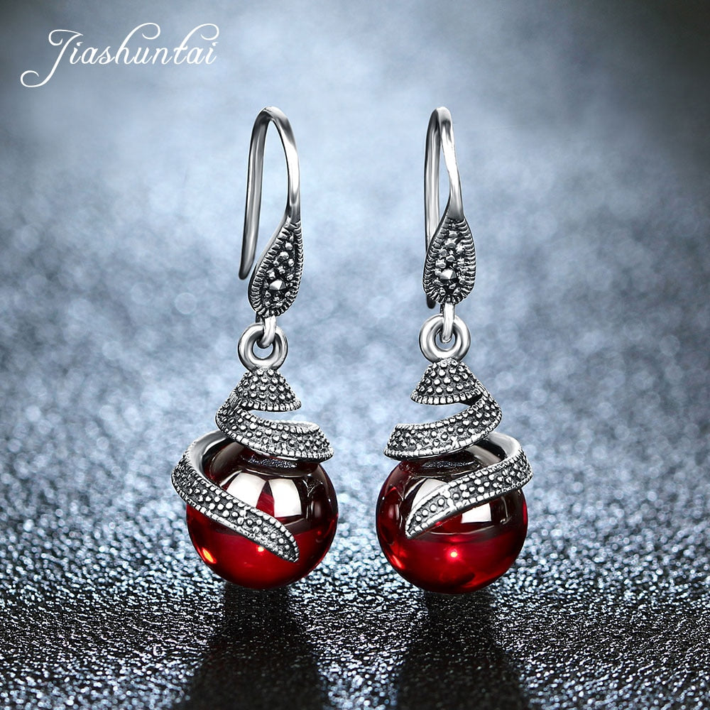 JIASHUNTAI 100% 925 Sterling Silver Garnet Earrings For Women Retro Ruby Red Gemstone Round Drop Earrings Silver Jewelry Gifts