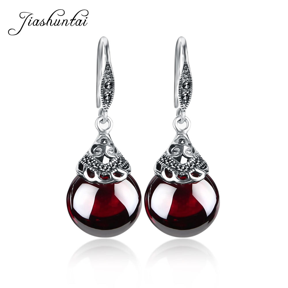 JIASHUNTAI Retro 100% 925 Sterling Silver Round Garnet Drop Earrings For Women Natural Red Gemstone Ruby Fine Jewelry Best Gifts