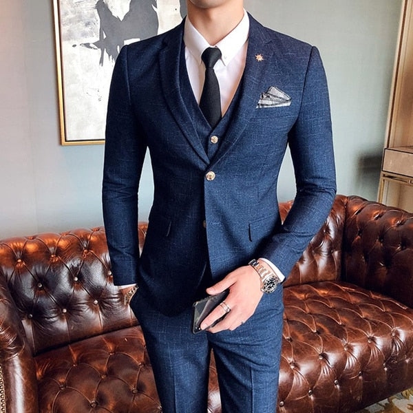 ( Jacket + Vest + Pants ) Boutique Fashion Mens Plaid Casual Business Suit High-end Social Formal Suit 3 Pcs Set Groom Wedding