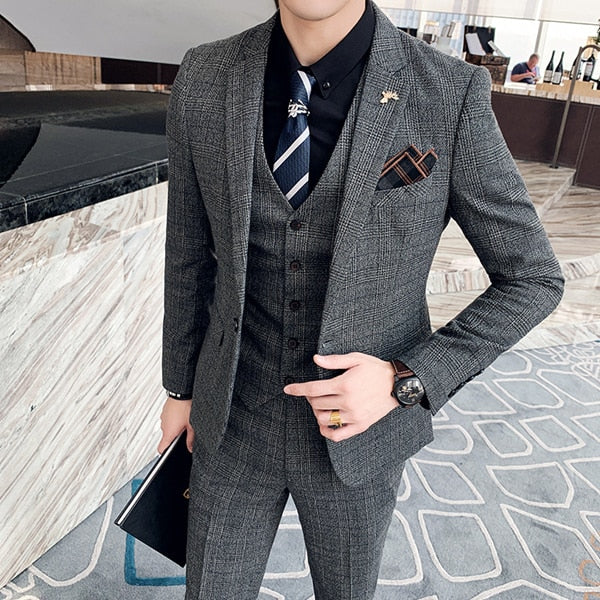 ( Jacket + Vest + Pants ) Boutique Fashion Mens Plaid Casual Business Suit High-end Social Formal Suit 3 Pcs Set Groom Wedding