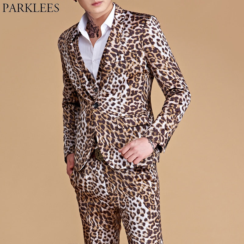 (Jackets+Pants) Mens Leopard Print Suit Casual Slim Fit One Button 2 Piece Set Suits Wedding Singer DJ Stage Plus Costumes Homme