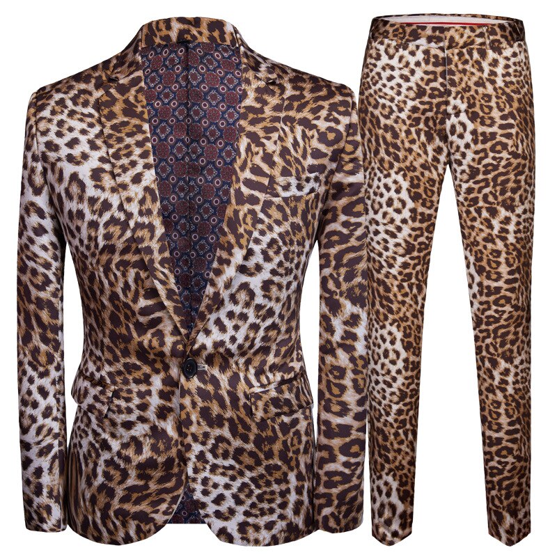 (Jackets+Pants) Mens Leopard Print Suit Casual Slim Fit One Button 2 Piece Set Suits Wedding Singer DJ Stage Plus Costumes Homme