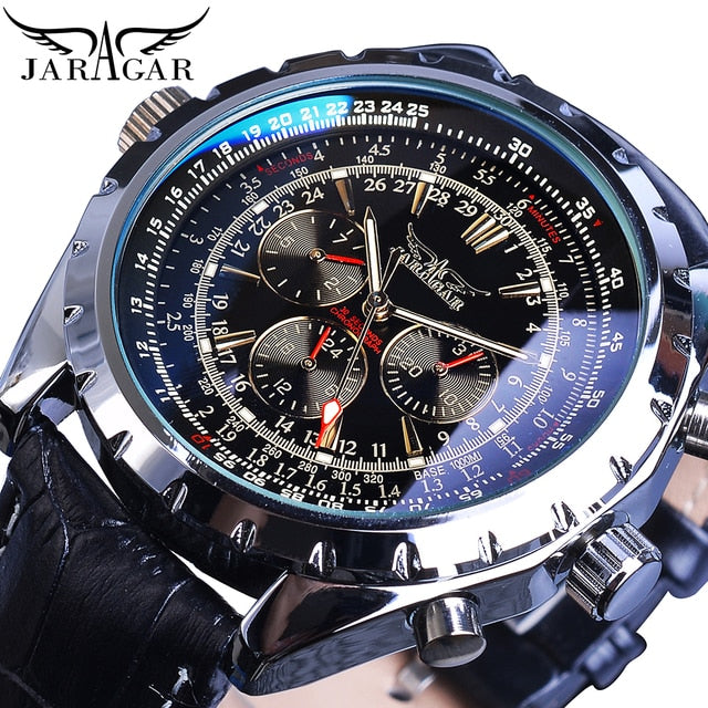 Jaragar Automatic Mechanical Calendar Sport Watches Pilot Design Men’s Wrist Watch Top Brand Luxury Fashion Male Watch Leather