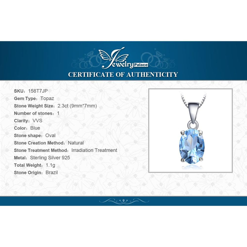 JewelryPalace Natural Blue Topaz Pendant Necklace 925 Sterling Silver Gemstones Choker Statement Necklace Women No Chain