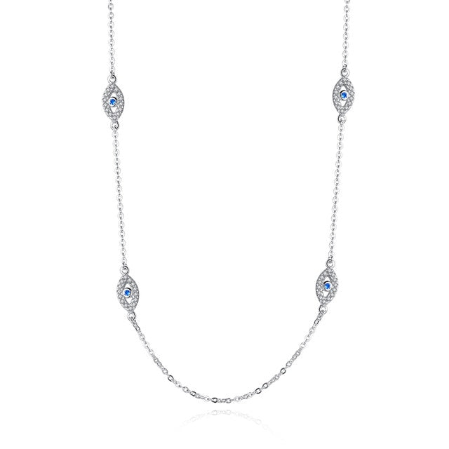KALETINE 925 Sterling Silver Necklace Earrings Women Round Luck Evil Eye Ring Necklaces Blue Zircon Long Link Turkey Jewelry Set
