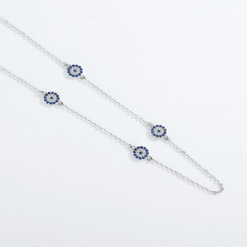 KALETINE 925 Sterling Silver Necklace Earrings Women Round Luck Evil Eye Ring Necklaces Blue Zircon Long Link Turkey Jewelry Set