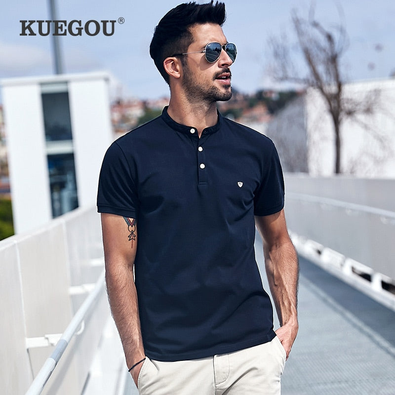 KUEGOU Cotton Clothing Men's Polo Shirts Short Sleeves Fashion Embroidery Polos Summer High Quality Slim Top Plus Size ZT-3383