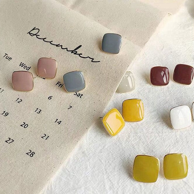 Korean New Trendy Simple Vintage Colorful Enamel Square Glaze Stud Earrings For Female Daily Accessories