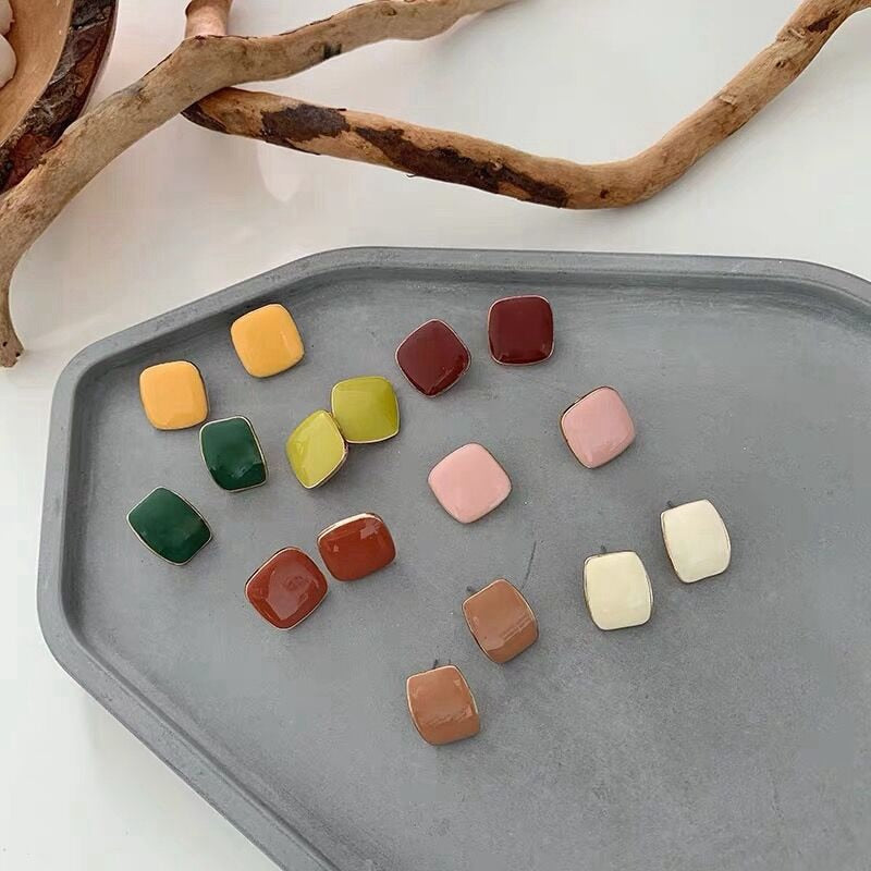 Korean New Trendy Simple Vintage Colorful Enamel Square Glaze Stud Earrings For Female Daily Accessories