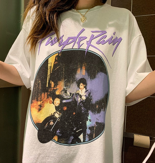 Kuakuayu HJN Purple Rain Vintage Graphic Tee Female Short Sleeve Purple Chic Printed Tops Summer Cotton Loose Casual T Shirt