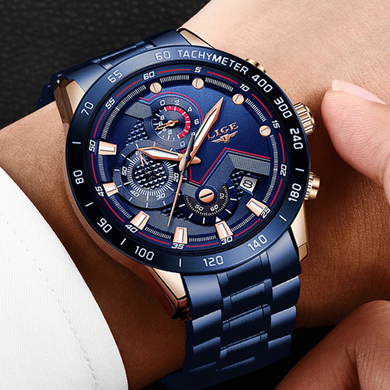 LIGE 2020 New Fashion Mens Watches with Stainless Steel Top Brand Luxury Sports Chronograph Quartz Watch Men Relogio Masculino