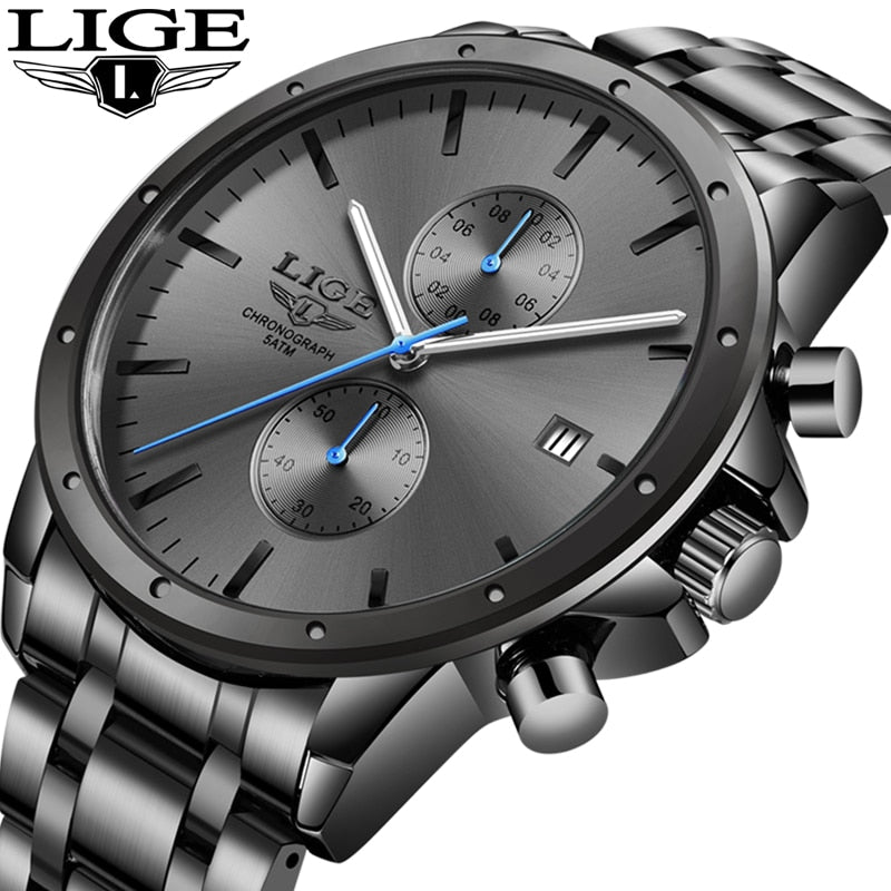 LIGE 2020 New Watches Mens Top Brand Luxury Stainless Steel Quartz Watch For Men Waterproof Sport Chronograph Male Classic Clock