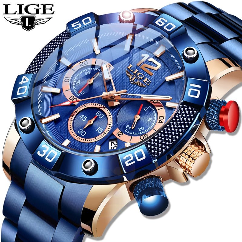 LIGE 2021 New Fashion Blue Mens Watches Top Brand Luxury Clock Sports Chronograph Waterproof Quartz Watch Men Relogio Masculino