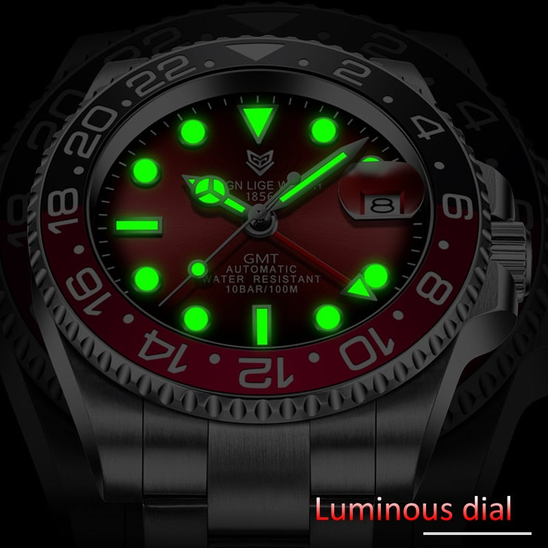 LIGE DESIGN Men GMT Automatic Mechanical Watch Ceramic Bezel 316L Stainless Steel 100ATM Waterproof Clock Sapphire Glass Watches