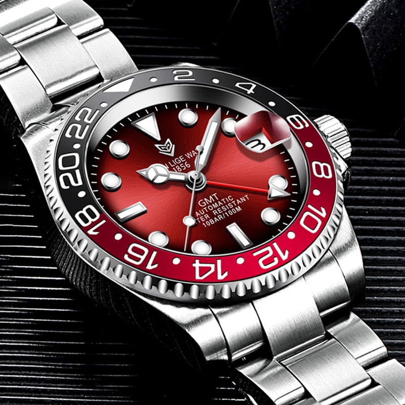LIGE DESIGN Men GMT Automatic Mechanical Watch Ceramic Bezel 316L Stainless Steel 100ATM Waterproof Clock Sapphire Glass Watches