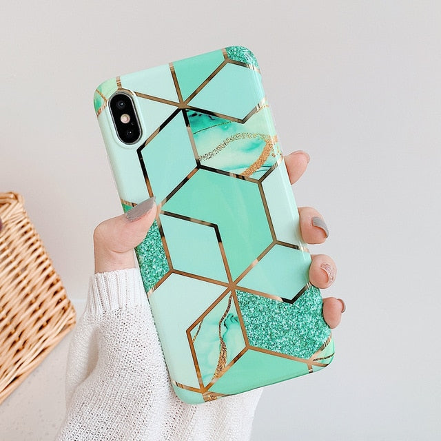 LOVECOM Plating Geometric Phone Case For iPhone 12 Mini 11 Pro Max XR XS Max 6 7 8 Plus X Soft IMD Marble Phone Back Cover Cases
