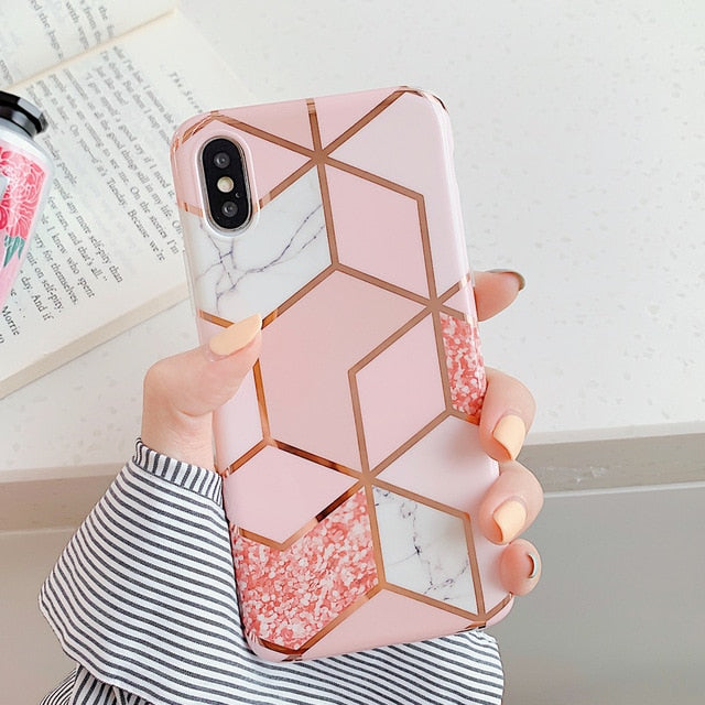 LOVECOM Plating Geometric Phone Case For iPhone 12 Mini 11 Pro Max XR XS Max 6 7 8 Plus X Soft IMD Marble Phone Back Cover Cases