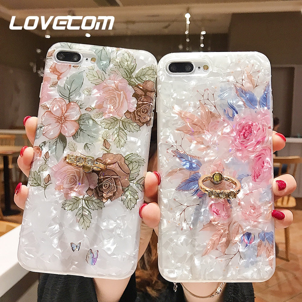 LOVECOM Retro Floral Ring Stand Phone Case For iPhone 12 Mini 11 Pro Max XR XS Max X XS 7 8 Plus Case Soft IMD Dream Shell Cover