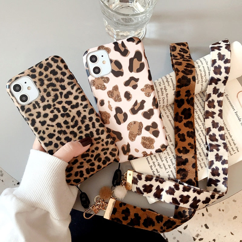 Leopard Print Phone Case For iPhone 11 12Pro Max XR XS Max X 8 7 6S Plus Luxury Strap Soft Silicone Lanyard Cover For iPhone 12