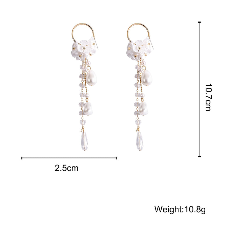 Lifefontier Fashion Long Tassel Simulated Pearl Drop Earrings Big Crystal Bead Resin Flower Petal Earrings for Women Wedding