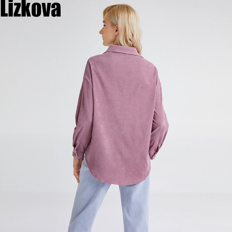 Lizkova Corduroy Green Blouse Women 2021 Vintage Long Sleeve Shirt Spring harajuru Blusas Mujer Tops 8867