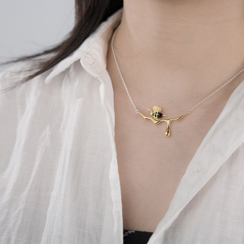 Lotus Fun 18K Gold Bee and Dripping Honey Pendant Necklace Real 925 Sterling Silver Handmade Designer Fine Jewelry for Women