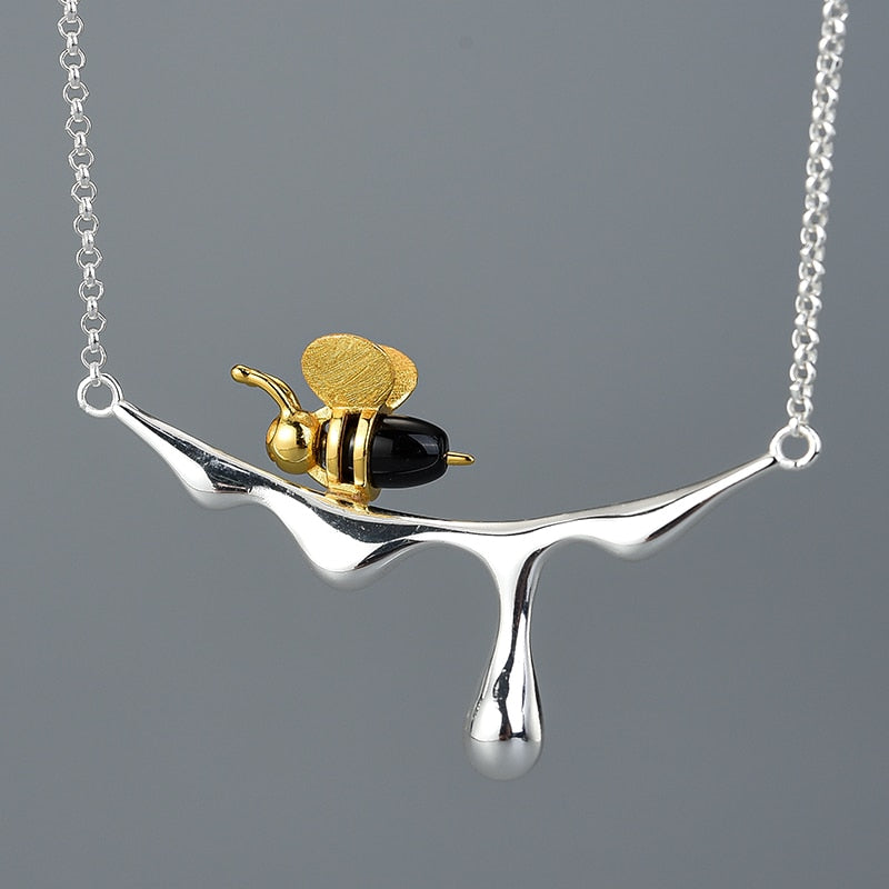Lotus Fun 18K Gold Bee and Dripping Honey Pendant Necklace Real 925 Sterling Silver Handmade Designer Fine Jewelry for Women