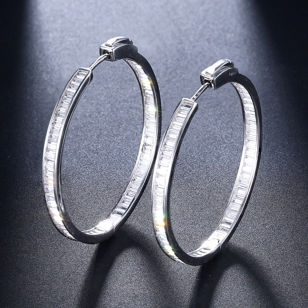 Luxury 38mm diameter Real silver hoop earring T-square CZ jewelry 925 Sterling silver large circle earrings for night bar party