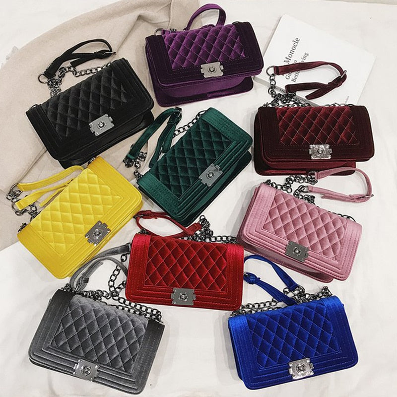 Luxury Brand Chain Shoulder Bag for Women Fashion Shiny Velvet Crossbody Bag 9 Colors Lock Designer Handbag Lingge Messenger Bag