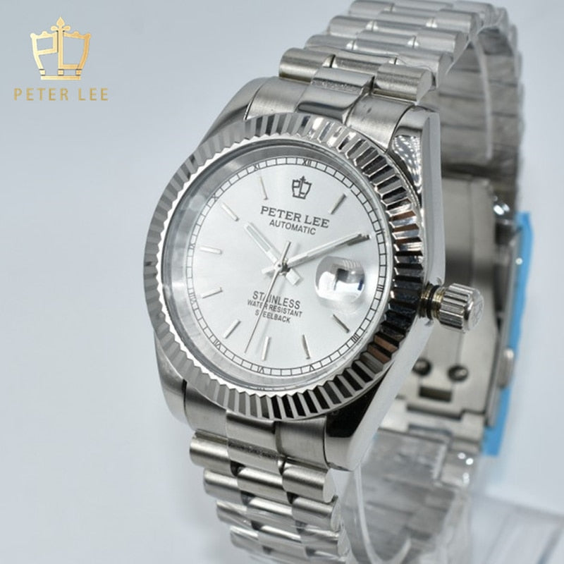 Luxury Brand PETER LEE High Quality Men 40mm Mechanical Watch Vintage Design Gold Watch Stainless Steel Auto Date WristWatches
