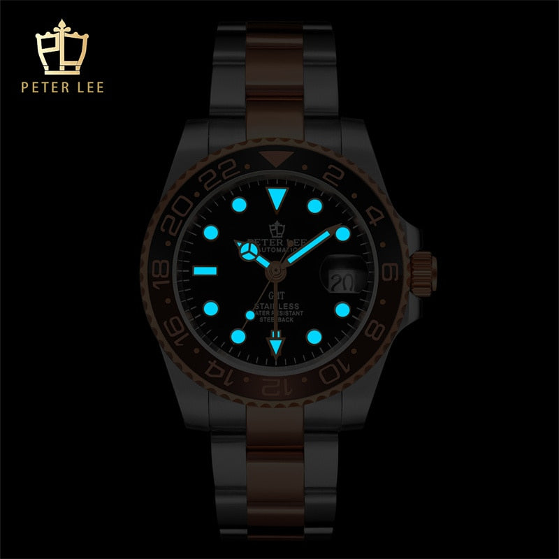 Luxury Brand PETER LEE Men GMT Automatic Mechanical Ceramic Bezel Watch High Quality Steel Stainless Designer Watches For Gifts