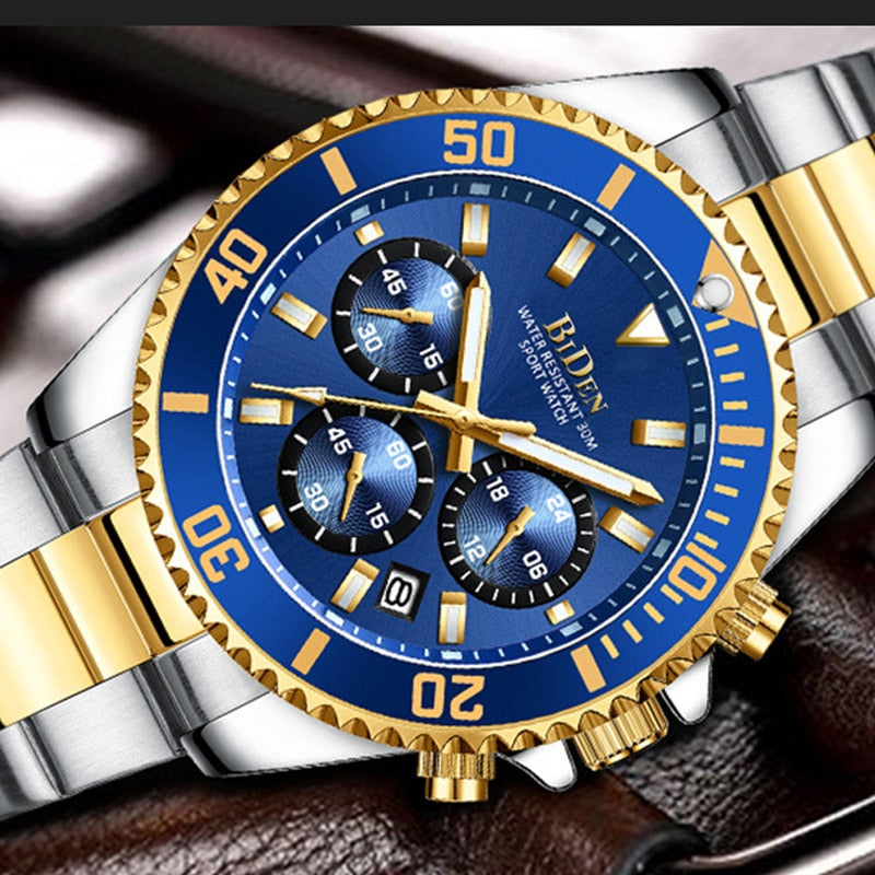 Luxury Gold Watch Men Top Brand BIDEN 3ATM Waterproof Classic Golden Blue Chrono Business Casual Men Wristwatch Gifts for Men