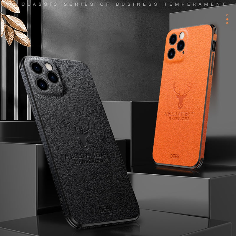 Luxury Leather Texture Square Frame Case on For iPhone 12 11 Pro Max Mini iPhone X XR XS Deer Camera Protection Shockproof Cover