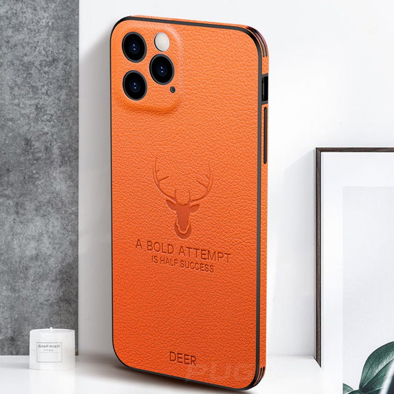 Luxury Leather Texture Square Frame Case on For iPhone 12 11 Pro Max Mini iPhone X XR XS Deer Camera Protection Shockproof Cover