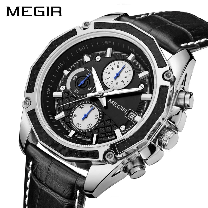 MEGIR 2021 New Leather Classic Casual Sports Watch  Multifunction Chronograph Luminous Quartz Watches Relogio Masculino 2015G