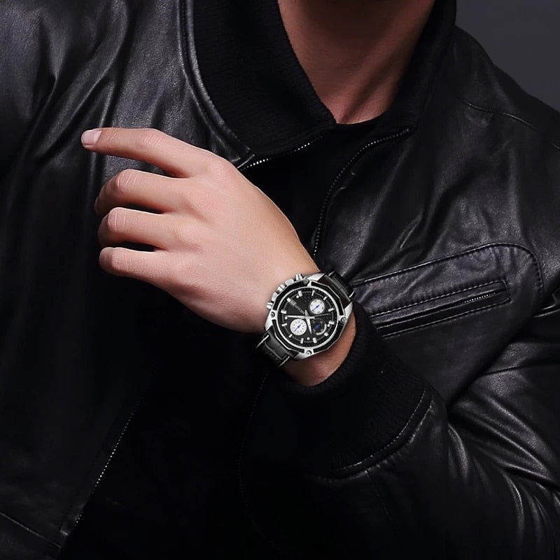 MEGIR 2021 New Leather Classic Casual Sports Watch  Multifunction Chronograph Luminous Quartz Watches Relogio Masculino 2015G