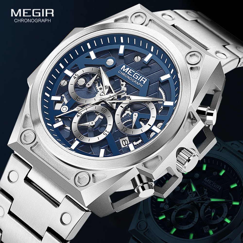 MEGIR Blue Watch Men Stainless Steel Dress Wrist Watch Man Waterproof Chronograph Quartz Watches Relogio Masculino часы мужские