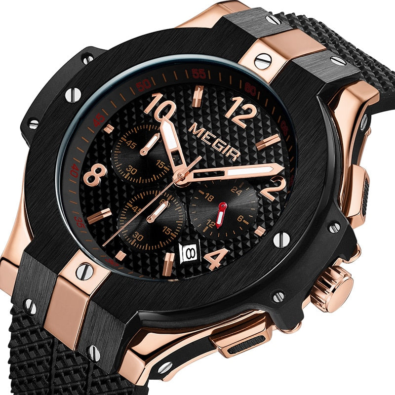 MEGIR Brand Men Watch Quartz Watch Gold Rubber Band 3ATM Water Resistant Chronograph Mens Quartz Wrist Watch