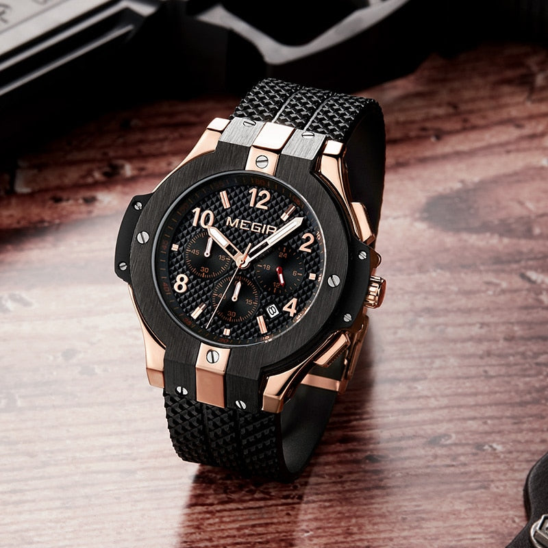 MEGIR Brand Men Watch Quartz Watch Gold Rubber Band 3ATM Water Resistant Chronograph Mens Quartz Wrist Watch