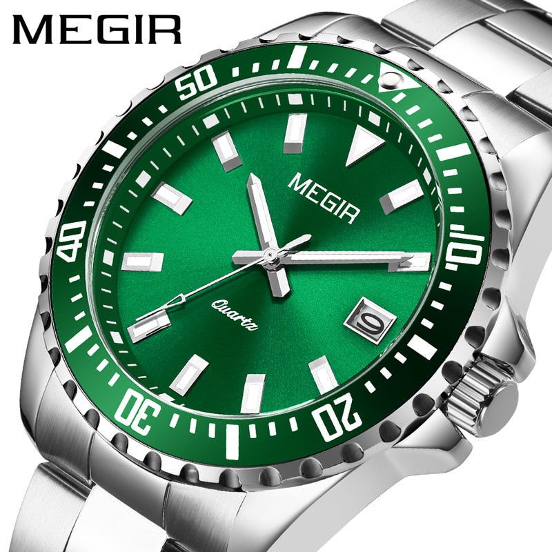 MEGIR Business Watch for Men Waterproof Quartz Watches Stainless Steel Green Dress Wristwatch relogio reloj часы orologi montres
