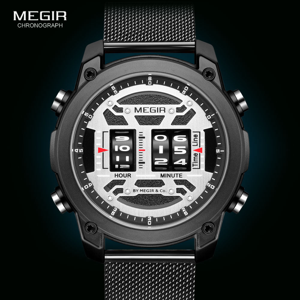 MEGIR Drum Roller Watch for Men Fashion Mesh Strap Sport Watches Waterproof Army Wristwatch montre часы reloj relogio orologi
