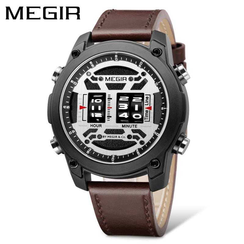 MEGIR Drum Roller Watch for Men Fashion Quartz Wristwatch Leather Strap Sports Men's Designer Wristwatch relogio masculino