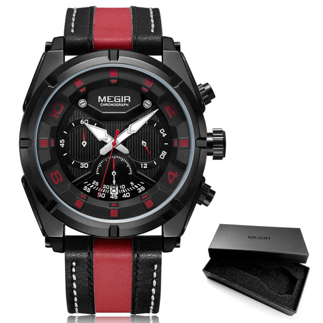 MEGIR Fashion Men's Chronograph Quartz Watches Leather Strap Luminous Hands 24-hour Sports Analogue Wristwatch for Man 2076White