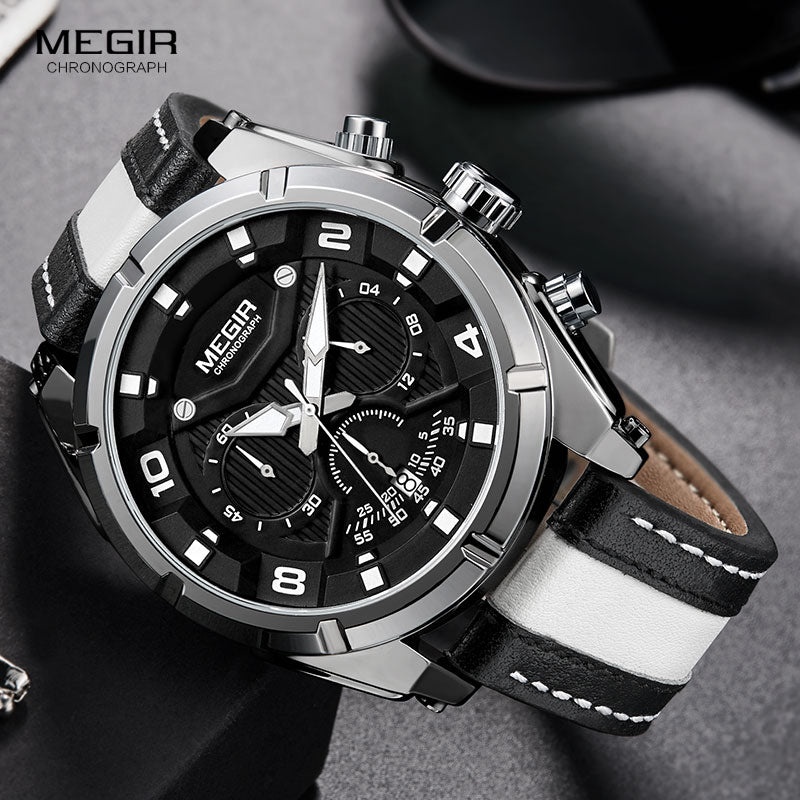 MEGIR Fashion Men's Chronograph Quartz Watches Leather Strap Luminous Hands 24-hour Sports Analogue Wristwatch for Man 2076White