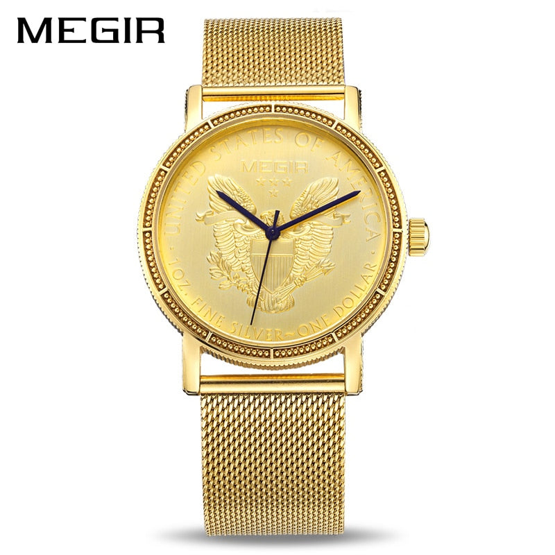 MEGIR Fashion Quartz Men Watch Top Brand Luxury Ultra-thin Gold Color Wrist Watch Clock Men Staninless Steel Men Watches 2032
