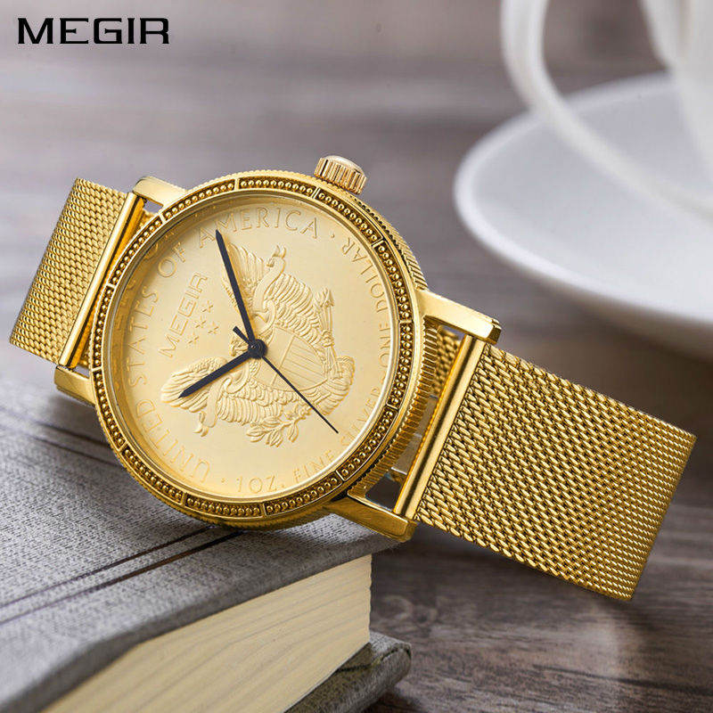 MEGIR Fashion Quartz Men Watch Top Brand Luxury Ultra-thin Gold Color Wrist Watch Clock Men Staninless Steel Men Watches 2032