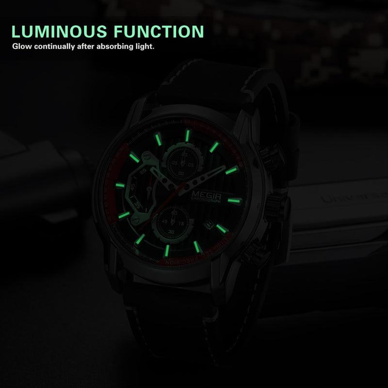 MEGIR Fashion Simple Men's Sports Chronograph Watch Black Leather Strap Waterproof Quartz Watch Calendar Relogio Masculino 2104