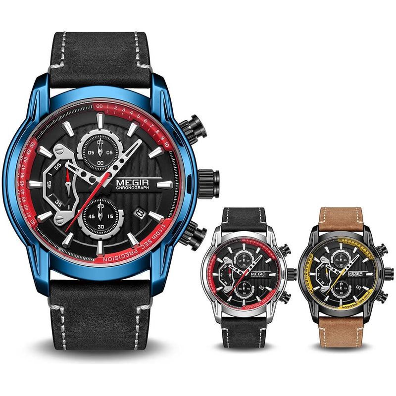 MEGIR Fashion Simple Men's Sports Chronograph Watch Black Leather Strap Waterproof Quartz Watch Calendar Relogio Masculino 2104