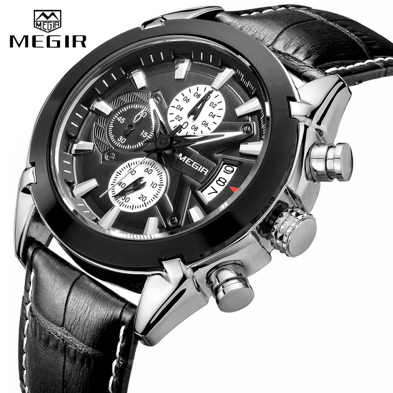 MEGIR Genuine Black Genuine Leather Watches Men Luxury Brand Quartz  Watch racing men Students Game Run Chronograph Wristwatches