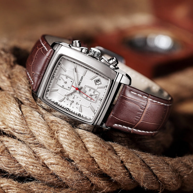 MEGIR Luxury Watch For Men Top Brand Fashion Square Quartz Chronograph Watches Business Waterproof Luminous Leather Wristwatch